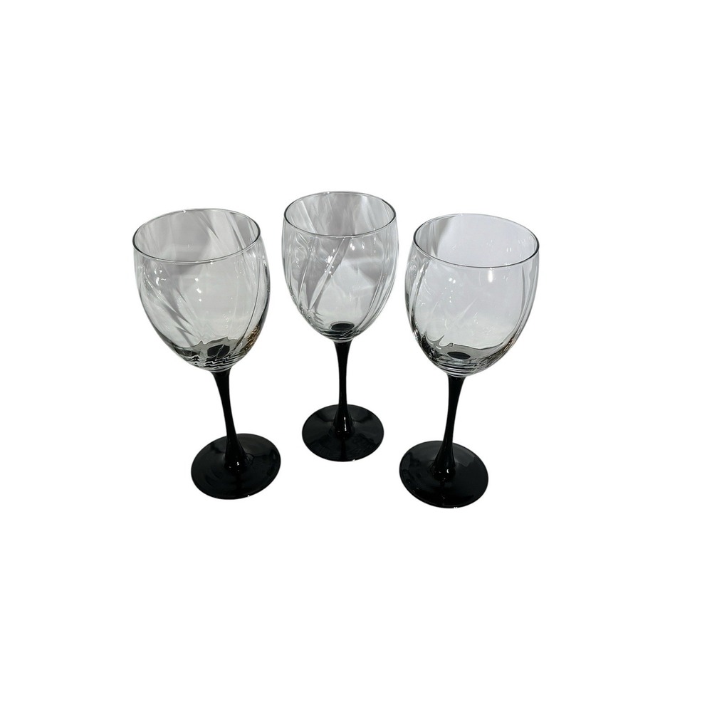 Set Of Three Vintage Clear Swirl With black stem Wine Glasses 8"